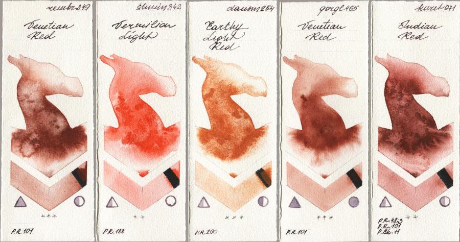 Royal Talens Rembrandt Watercolour 349 Venerian Red vs Shminke Horadam Aquarell 342 Vermilion Light vs Daniel Smith 254 Earthy Light Red vs Golden QOR 465 Venetian Red vs Kuretake Gansai Tambi 071 Indian Red watercolor swatch
