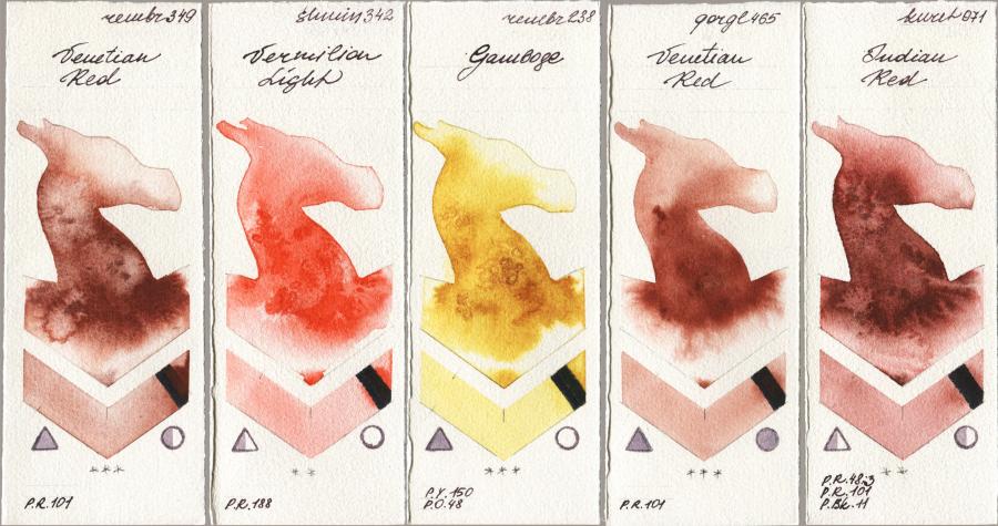 Royal Talens Rembrandt Watercolour 349 Venerian Red vs Shminke Horadam Aquarell 342 Vermilion Light vs 238 Gamboge vs Golden QOR 465 Venetian Red vs Kuretake Gansai Tambi 071 Indian Red watercolor swatch