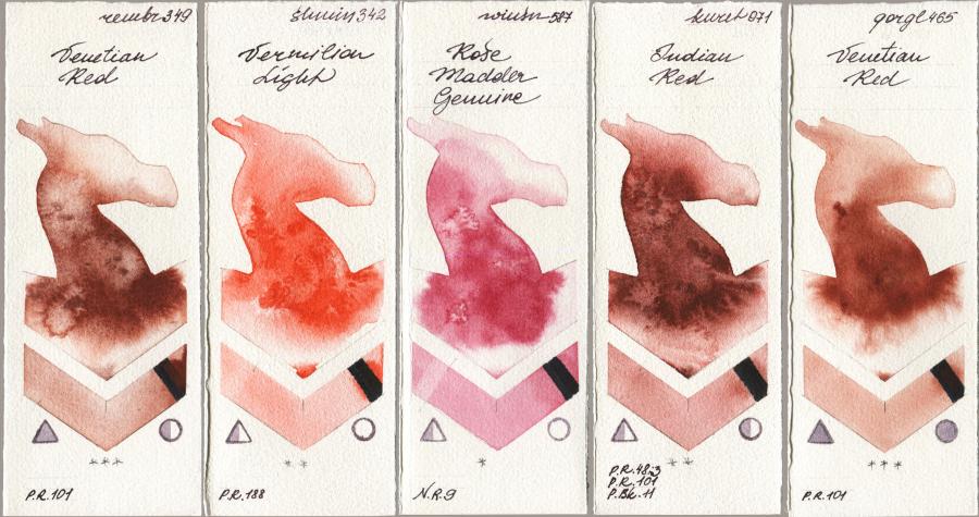 Royal Talens Rembrandt Watercolour 349 Venerian Red vs Shminke Horadam Aquarell 342 Vermilion Light vs Winsor & Newton Professional 587 Rose Madder Genuine vs Kuretake Gansai Tambi 071 Indian Red vs Golden QOR 465 Venetian Red watercolor swatch