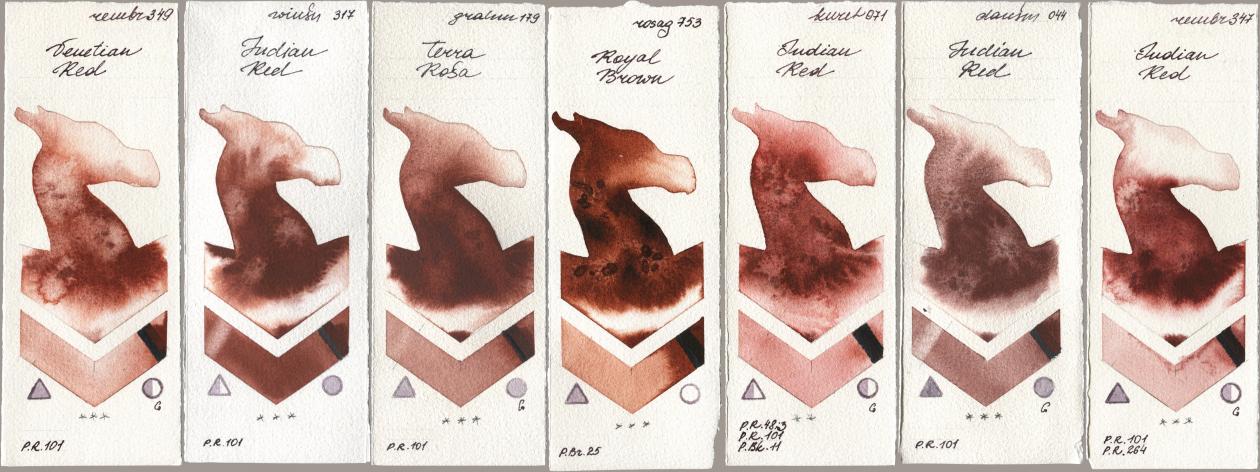 Royal Talens Rembrandt Watercolour 349 Venerian Red, Winsor & Newton Professional 317 Indian Red, M. Graham & Co. Artists 179 Terra Rosa, Rosa Gallery 753 Royal Brown, Kuretake Gansai Tambi 071 Indian Red, Daniel Smith 044 Indian Red, 347 Indian R watercolor swatch
