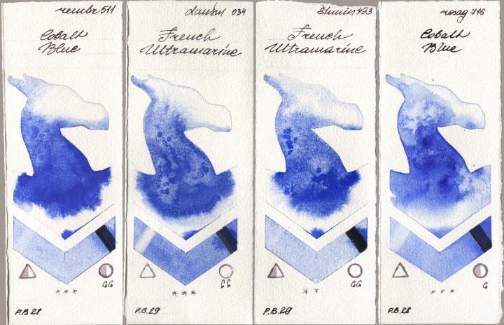 Royal Talens Rembrandt Watercolour 511 Cobalt Blue, Daniel Smith 034 French Ultramarine, Shminke Horadam Aquarell 493 French Ultramarine, Rosa Gallery 716 Cobalt Bl watercolor swatch
