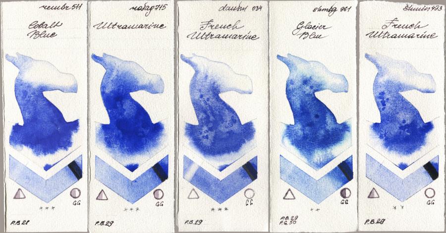 Royal Talens Rembrandt Watercolour 511 Cobalt Blue, Rosa Gallery 715 Ultramarine, Daniel Smith 034 French Ultramarine, Shminke Horadam Aquarell 961 Glacier Blue, 493 French Ultramari watercolor swatch