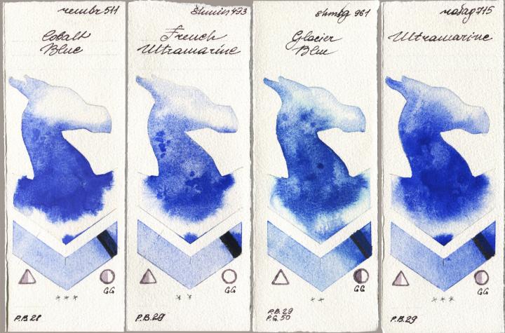 Royal Talens Rembrandt Watercolour 511 Cobalt Blue, Shminke Horadam Aquarell 493 French Ultramarine, 961 Glacier Blue, Rosa Gallery 715 Ultramari watercolor swatch
