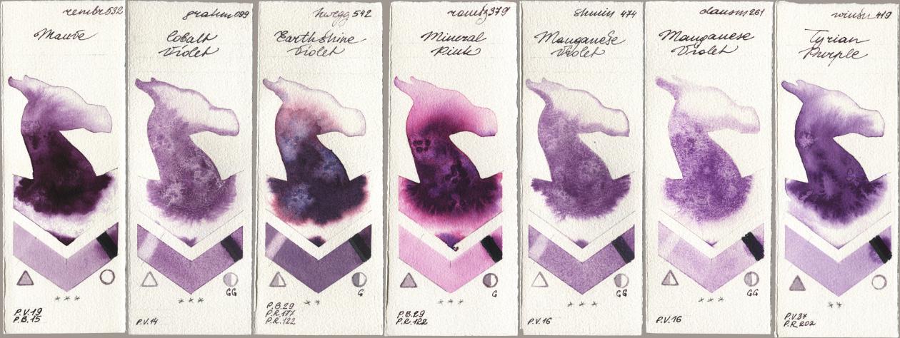 Royal Talens Rembrandt Watercolour 532 Mauve, M. Graham & Co. Artists 099 Cobalt Violet, Holbein Artists Watercolor 542 Earthshine Violet, Roman Szmal Aquarius 379 Mineral Pink, Shminke Horadam Aquarell 474 Manganese Violet, Daniel Smith 261 Manganese Violet, Winsor & Newton Professional 419 Tyrian Purp watercolor swatch