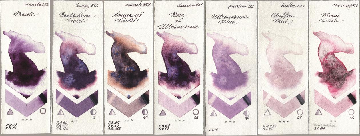 Royal Talens Rembrandt Watercolour 532 Mauve, Holbein Artists Watercolor 542 Earthshine Violet, Roman Szmal Aquarius 369 Aquarius Violet, Daniel Smith 101 Rose of Ultramarine, M. Graham & Co. Artists 192 Ultramarine Pink, Kusakabe 021 Chiffon Pink, Rockwell 414 Morai Wit watercolor swatch