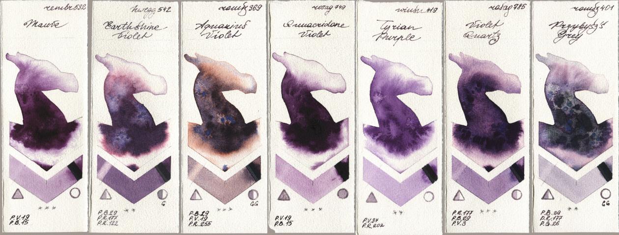 Royal Talens Rembrandt Watercolour 532 Mauve, Holbein Artists Watercolor 542 Earthshine Violet, Roman Szmal Aquarius 369 Aquarius Violet, Rosa Gallery 749 Quinacridone Violet, Winsor & Newton Professional 419 Tyrian Purple, 785 Violet Quartz, 401 Przybyszs Gr watercolor swatch