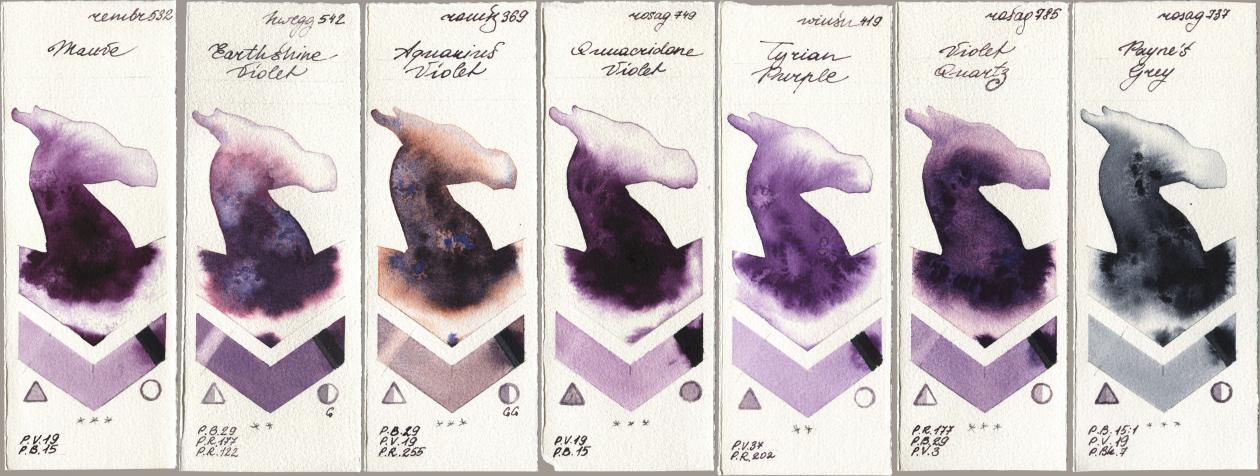Royal Talens Rembrandt Watercolour 532 Mauve, Holbein Artists Watercolor 542 Earthshine Violet, Roman Szmal Aquarius 369 Aquarius Violet, Rosa Gallery 749 Quinacridone Violet, Winsor & Newton Professional 419 Tyrian Purple, 785 Violet Quartz, 737 Paynes Gr watercolor swatch