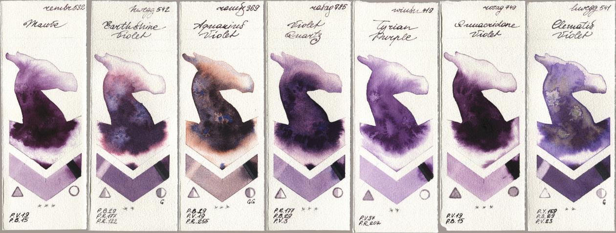 Royal Talens Rembrandt Watercolour 532 Mauve, Holbein Artists Watercolor 542 Earthshine Violet, Roman Szmal Aquarius 369 Aquarius Violet, Rosa Gallery 785 Violet Quartz, Winsor & Newton Professional 419 Tyrian Purple, 749 Quinacridone Violet, 541 Clematis Viol watercolor swatch