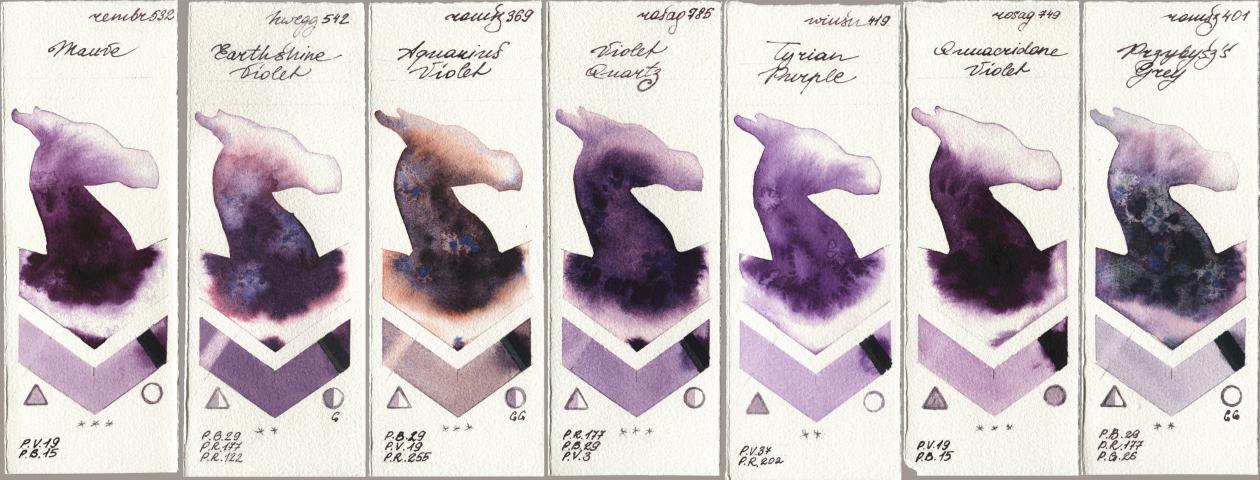 Royal Talens Rembrandt Watercolour 532 Mauve, Holbein Artists Watercolor 542 Earthshine Violet, Roman Szmal Aquarius 369 Aquarius Violet, Rosa Gallery 785 Violet Quartz, Winsor & Newton Professional 419 Tyrian Purple, 749 Quinacridone Violet, 401 Przybyszs Gr watercolor swatch