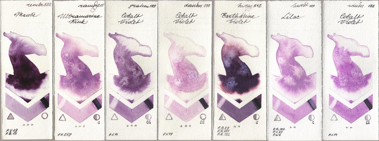 Royal Talens Rembrandt Watercolour 532 Mauve, Roman Szmal Aquarius 215 Ultramarine Pink, M. Graham & Co. Artists 099 Cobalt Violet, Daniel Smith 030 Cobalt Violet, Holbein Artists Watercolor 542 Earthshine Violet, 117 Lilac, Winsor & Newton Professional 192 Cobalt Viol watercolor swatch