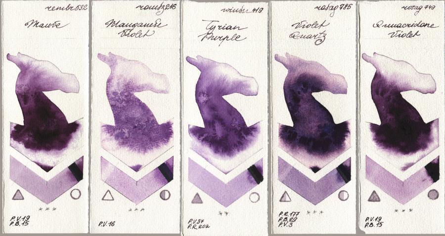 Royal Talens Rembrandt Watercolour 532 Mauve vs Roman Szmal Aquarius 216 Manganese Violet vs Winsor & Newton Professional 419 Tyrian Purple vs Rosa Gallery 785 Violet Quartz vs 749 Quinacridone Violet watercolor swatch
