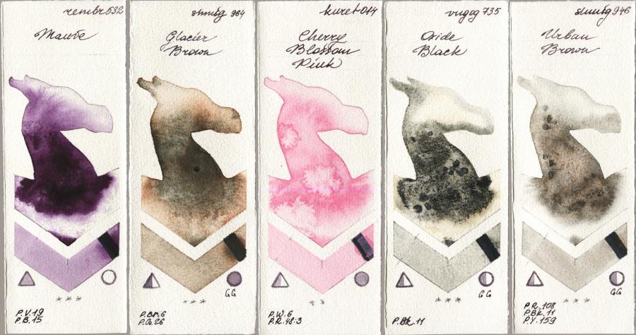 Royal Talens Rembrandt Watercolour 532 Mauve vs Shminke Horadam Aquarell 964 Glacier Brown vs Kuretake Gansai Tambi 014 Cherry Blossom Pink vs Royal Talens Van Gogh Watercolour 735 Oxide Black vs 946 Urban Brown watercolor swatch