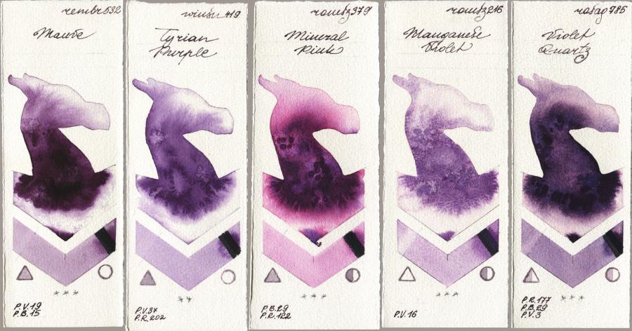 Royal Talens Rembrandt Watercolour 532 Mauve vs Winsor & Newton Professional 419 Tyrian Purple vs Roman Szmal Aquarius 379 Mineral Pink vs 216 Manganese Violet vs Rosa Gallery 785 Violet Quartz watercolor swatch