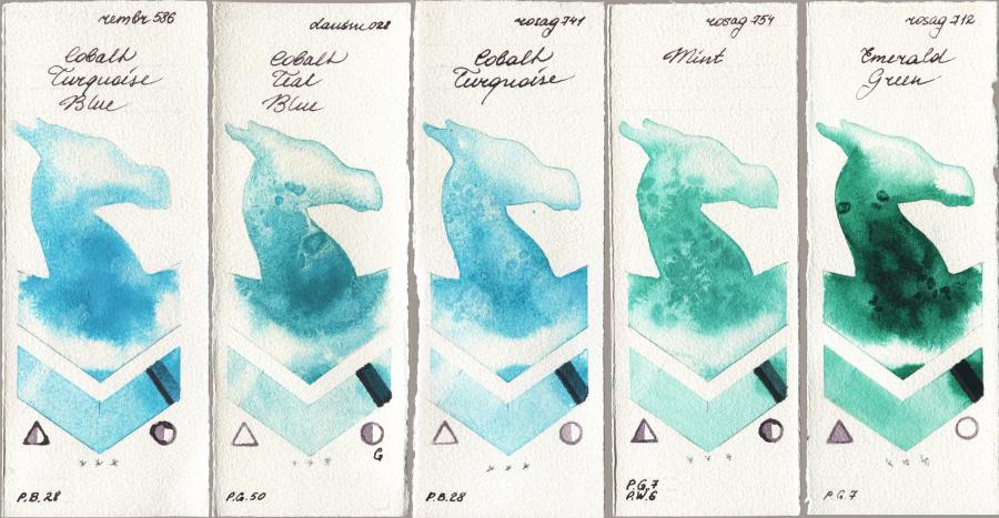 Royal Talens Rembrandt Watercolour 586 Cobalt Turquoise Blue vs Daniel Smith 028 Cobalt Teal Blue vs Rosa Gallery 741 Cobalt Turquoise vs 754 Mint vs 712 Emerald Green watercolor swatch