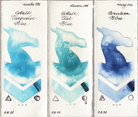 Royal Talens Rembrandt Watercolour 586 Cobalt Turquoise Blue vs Daniel Smith 028 Cobalt Teal Blue vs Rosa Gallery 752 Cerulean Blue watercolor swatch