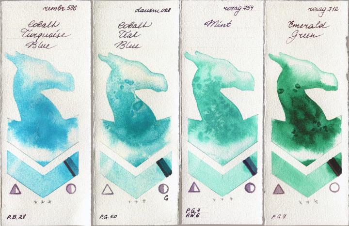 Royal Talens Rembrandt Watercolour 586 Cobalt Turquoise Blue vs Daniel Smith 028 Cobalt Teal Blue vs Rosa Gallery 754 Mint vs 712 Emerald Green watercolor swatch