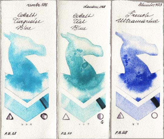 Royal Talens Rembrandt Watercolour 586 Cobalt Turquoise Blue vs Daniel Smith 028 Cobalt Teal Blue vs Shminke Horadam Aquarell 493 French Ultramarine watercolor swatch