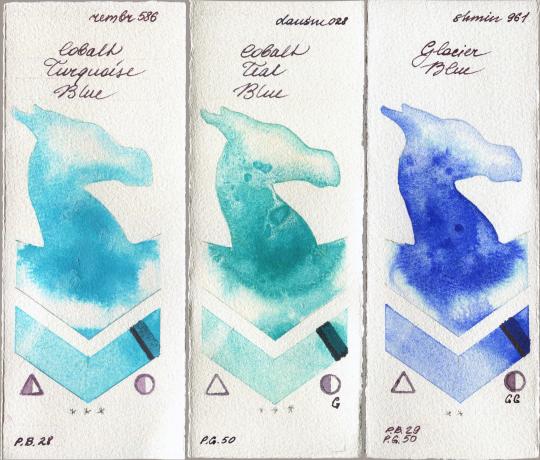 Royal Talens Rembrandt Watercolour 586 Cobalt Turquoise Blue vs Daniel Smith 028 Cobalt Teal Blue vs Shminke Horadam Aquarell 961 Glacier Blue watercolor swatch