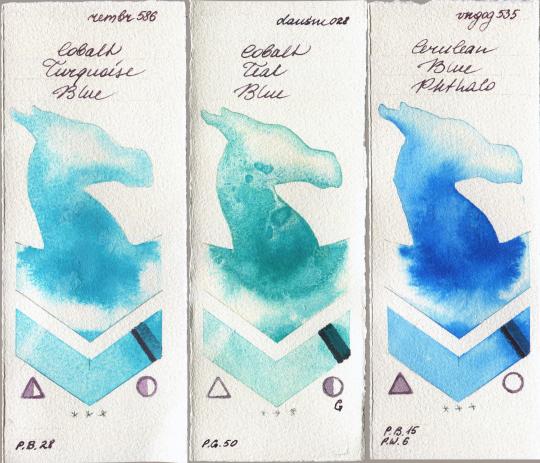 Royal Talens Rembrandt Watercolour 586 Cobalt Turquoise Blue vs Daniel Smith 028 Cobalt Teal Blue vs Royal Talens Van Gogh Watercolour 535 Cerulean Blue Phthalo watercolor swatch