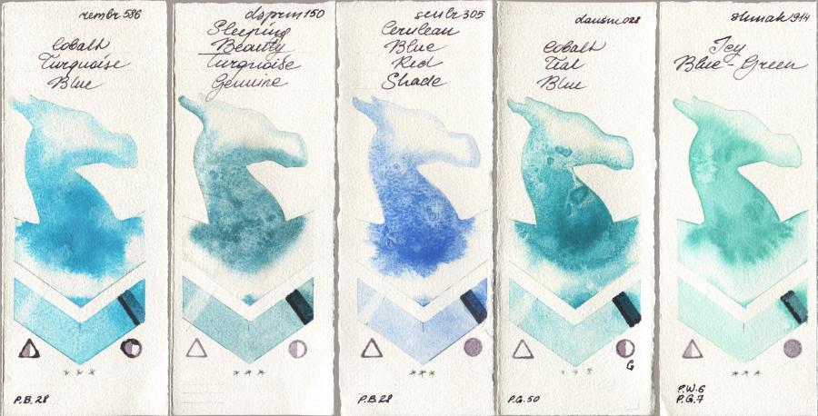 Royal Talens Rembrandt Watercolour 586 Cobalt Turquoise Blue vs Daniel Smith 150 Sleeping Beauty Turquoise Genuine vs Sennelier l Aquarelle 305 Cerulean Blue Red Shade vs 028 Cobalt Teal Blue vs Shminke Akademie Aquarell 914 Icy Blue-Green watercolor swatch