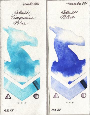 Royal Talens Rembrandt Watercolour 586 Cobalt Turquoise Blue vs 511 Cobalt Blue watercolor swatch