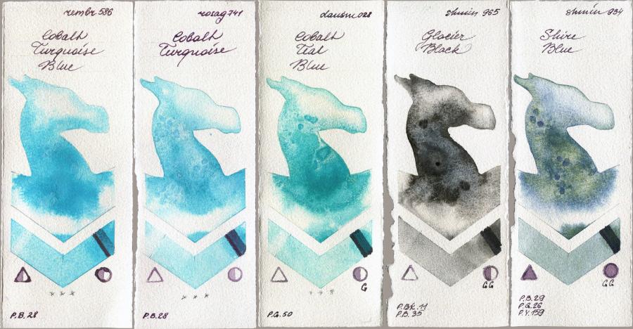 Royal Talens Rembrandt Watercolour 586 Cobalt Turquoise Blue vs Rosa Gallery 741 Cobalt Turquoise vs Daniel Smith 028 Cobalt Teal Blue vs Shminke Horadam Aquarell 965 Glacier Black vs 934 Shire Blue watercolor swatch