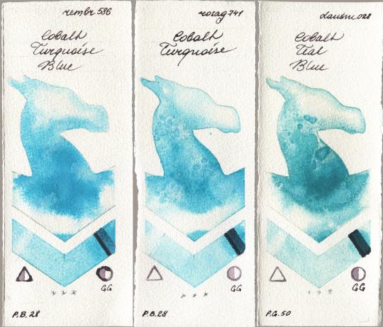 Royal Talens Rembrandt Watercolour 586 Cobalt Turquoise Blue, Rosa Gallery 741 Cobalt Turquoise, Daniel Smith 028 Cobalt Teal Bl watercolor swatch