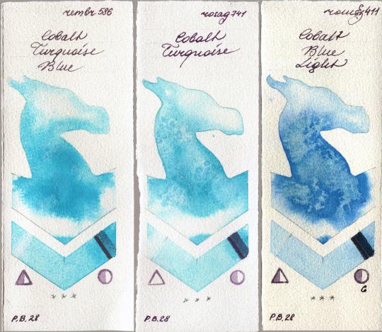 Royal Talens Rembrandt Watercolour 586 Cobalt Turquoise Blue vs Rosa Gallery 741 Cobalt Turquoise vs Roman Szmal Aquarius 411 Cobalt Blue Light watercolor swatch