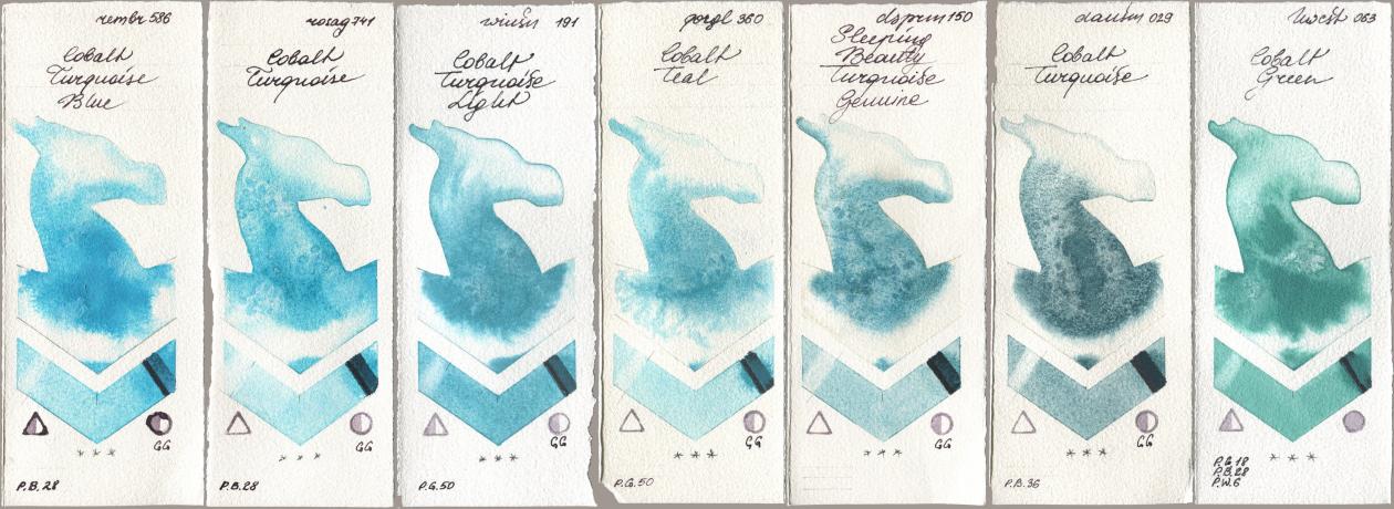 Royal Talens Rembrandt Watercolour 586 Cobalt Turquoise Blue, Rosa Gallery 741 Cobalt Turquoise, Winsor & Newton Professional 191 Cobalt Turquoise Light, Golden QOR 360 Cobalt Teal, Daniel Smith 150 Sleeping Beauty Turquoise Genuine, 029 Cobalt Turquoise, Holbein Artists Watercolor 063 Cobalt Gre watercolor swatch