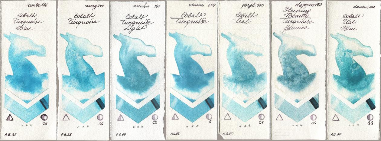 Royal Talens Rembrandt Watercolour 586 Cobalt Turquoise Blue, Rosa Gallery 741 Cobalt Turquoise, Winsor & Newton Professional 191 Cobalt Turquoise Light, Shminke Horadam Aquarell 509 Cobalt Turquoise, Golden QOR 360 Cobalt Teal, Daniel Smith 150 Sleeping Beauty Turquoise Genuine, 028 Cobalt Teal Bl watercolor swatch