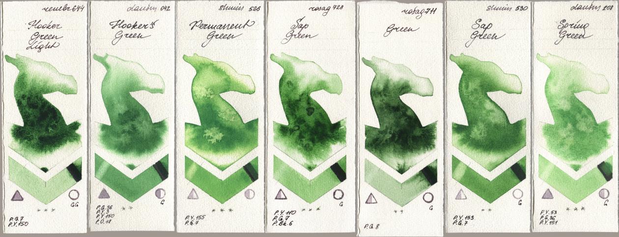 Royal Talens Rembrandt Watercolour 644 Hooker Green Light, Daniel Smith 042 Hookers Green, Shminke Horadam Aquarell 526 Permanent Green, Rosa Gallery 728 Sap Green, 711 Green, 530 Sap Green, 208 Spring Gre watercolor swatch