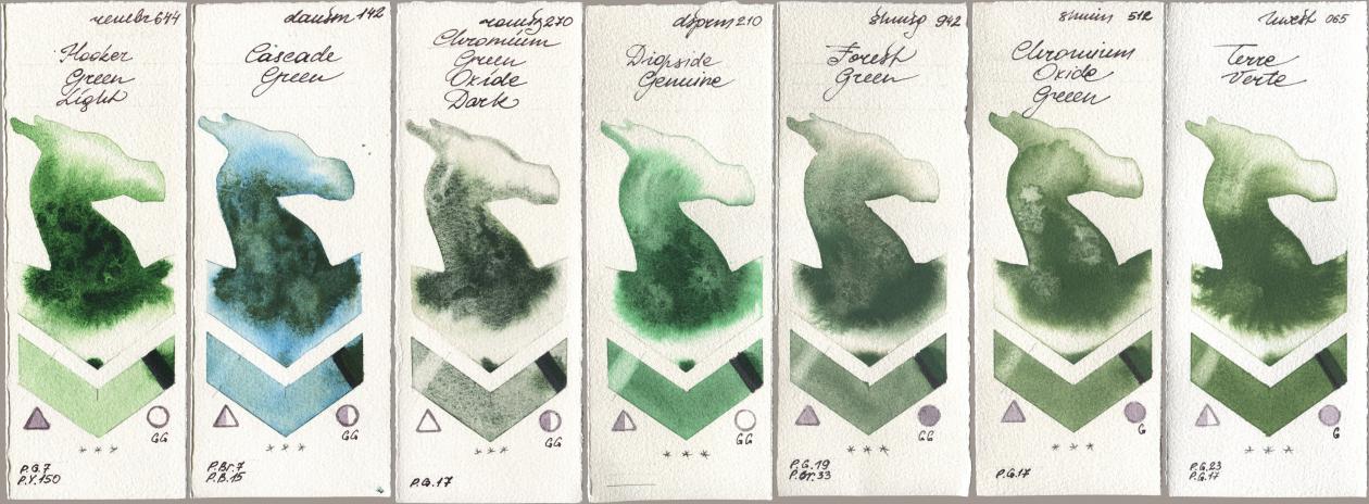 Royal Talens Rembrandt Watercolour 644 Hooker Green Light, Daniel Smith 142 Cascade Green, Roman Szmal Aquarius 270 Chromium Green Oxide Dark, 210 Diopside Genuine, Shminke Horadam Aquarell 942 Forest Green, 512 Chromium Oxide Green, Holbein Artists Watercolor 065 Terre Ver watercolor swatch