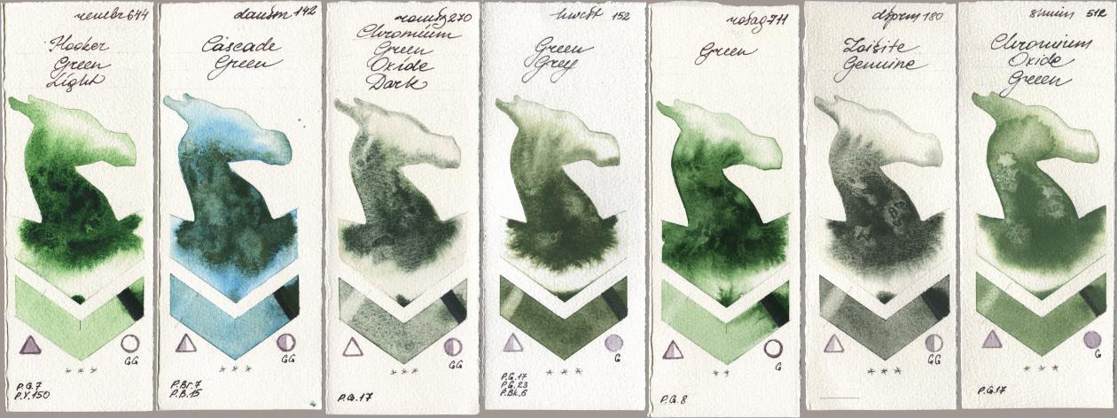 Royal Talens Rembrandt Watercolour 644 Hooker Green Light, Daniel Smith 142 Cascade Green, Roman Szmal Aquarius 270 Chromium Green Oxide Dark, Holbein Artists Watercolor 152 Green Grey, Rosa Gallery 711 Green, 180 Zoisite Genuine, Shminke Horadam Aquarell 512 Chromium Oxide Gre watercolor swatch