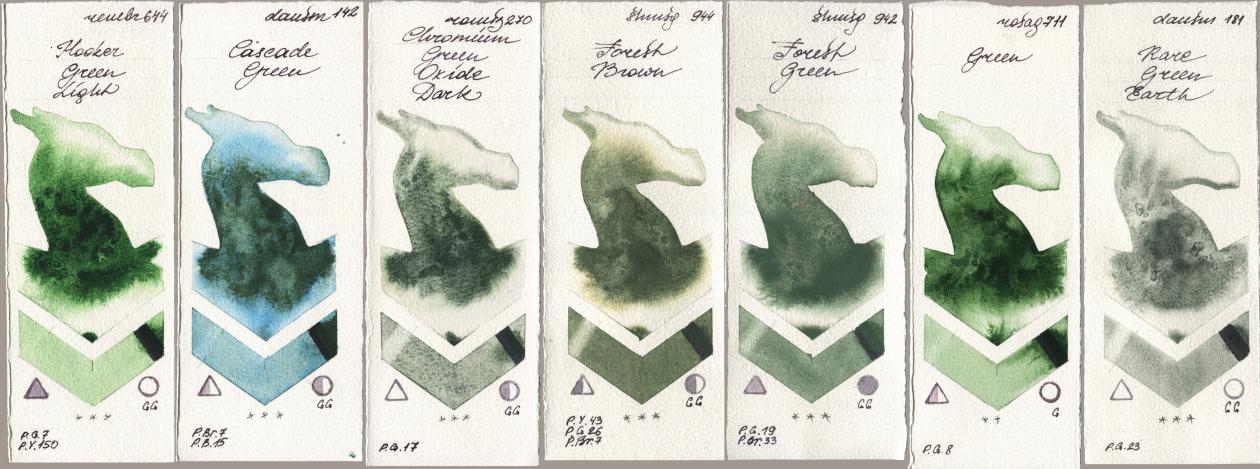 Royal Talens Rembrandt Watercolour 644 Hooker Green Light, Daniel Smith 142 Cascade Green, Roman Szmal Aquarius 270 Chromium Green Oxide Dark, Shminke Horadam Aquarell 944 Forest Brown, 942 Forest Green, Rosa Gallery 711 Green, 181 Rare Green Ear watercolor swatch