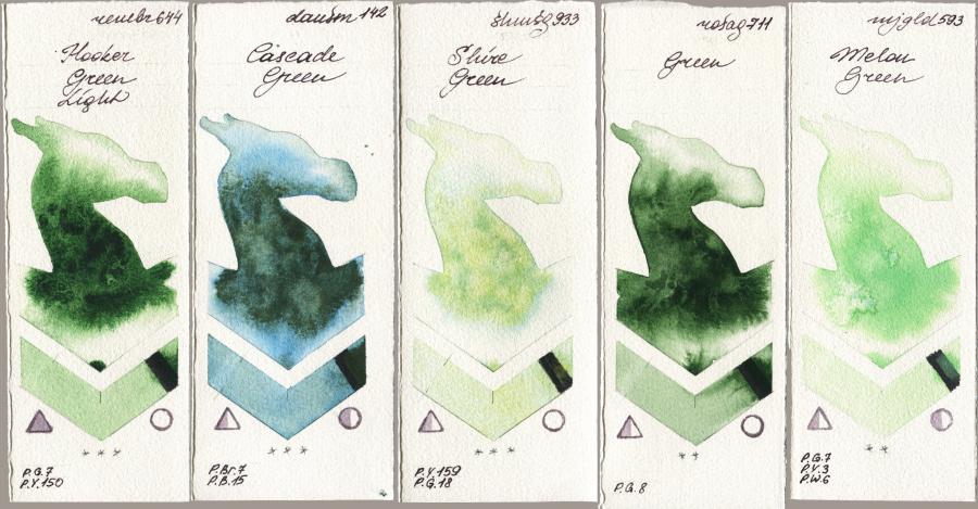 Royal Talens Rembrandt Watercolour 644 Hooker Green Light vs Daniel Smith 142 Cascade Green vs Shminke Horadam Aquarell 933 Shire Green vs Rosa Gallery 711 Green vs Mijello Mission Gold 593 Melon Green watercolor swatch
