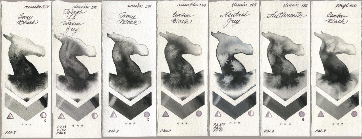 Royal Talens Rembrandt Watercolour 701 Ivory Black, Daniel Smith 246 Joseph Zs Warm Grey, Winsor & Newton Professional 331 Ivory Black, Maimeri Blu 537 Carbon Black, Shminke Horadam Aquarell 785 Neutral Grey, 786 Anthracite, Golden QOR 500 Carbon Bla watercolor swatch