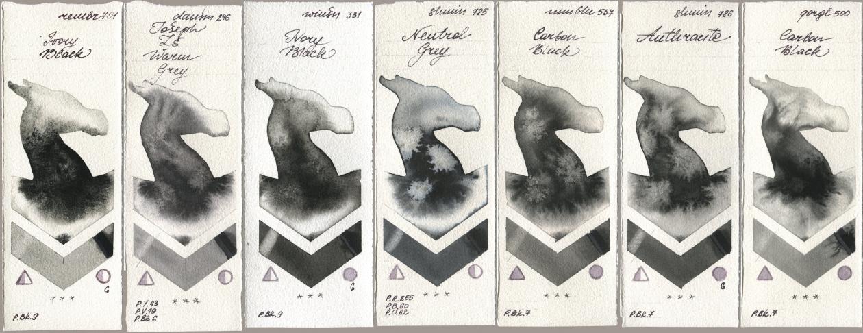 Royal Talens Rembrandt Watercolour 701 Ivory Black, Daniel Smith 246 Joseph Zs Warm Grey, Winsor & Newton Professional 331 Ivory Black, Shminke Horadam Aquarell 785 Neutral Grey, Maimeri Blu 537 Carbon Black, 786 Anthracite, Golden QOR 500 Carbon Bla watercolor swatch