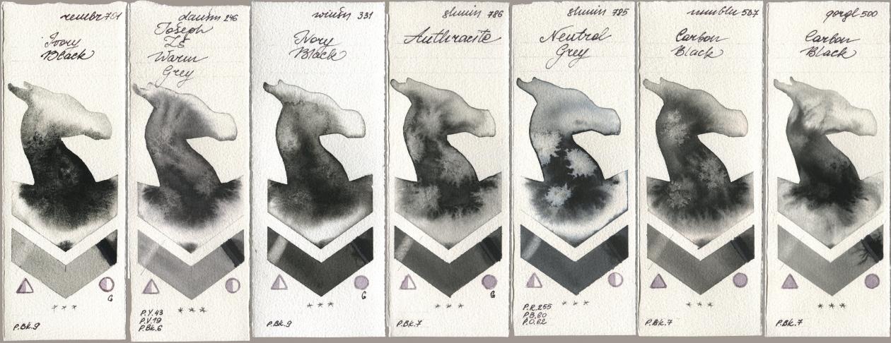 Royal Talens Rembrandt Watercolour 701 Ivory Black, Daniel Smith 246 Joseph Zs Warm Grey, Winsor & Newton Professional 331 Ivory Black, Shminke Horadam Aquarell 786 Anthracite, 785 Neutral Grey, Maimeri Blu 537 Carbon Black, Golden QOR 500 Carbon Bla watercolor swatch
