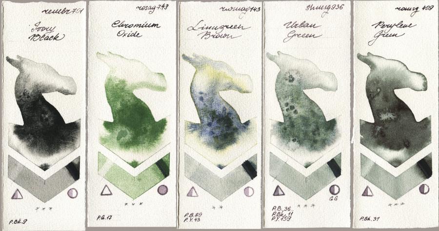 Royal Talens Rembrandt Watercolour 701 Ivory Black vs Rosa Gallery 743 Chromium Oxide vs Rockwell 143 Limugreen Brown vs Shminke Horadam Aquarell 936 Urban Green vs Roman Szmal Aquarius 409 Perylene Green watercolor swatch