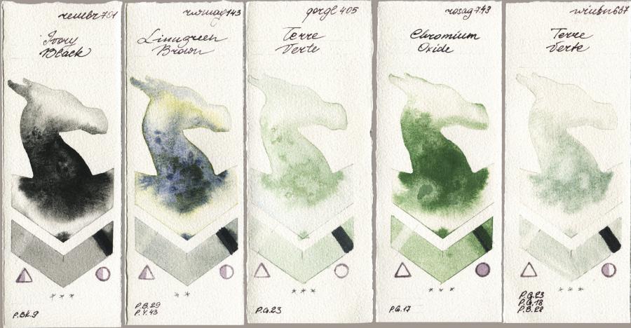 Royal Talens Rembrandt Watercolour 701 Ivory Black vs Rockwell 143 Limugreen Brown vs Golden QOR 405 Terre Verte vs Rosa Gallery 743 Chromium Oxide vs Winsor & Newton Professional 637 Terre Verte watercolor swatch