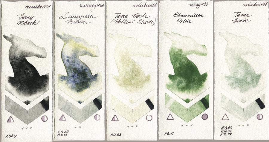 Royal Talens Rembrandt Watercolour 701 Ivory Black vs Rockwell 143 Limugreen Brown vs Winsor & Newton Professional 638 Terre Verte (Yellow Shade) vs Rosa Gallery 743 Chromium Oxide vs 637 Terre Verte watercolor swatch