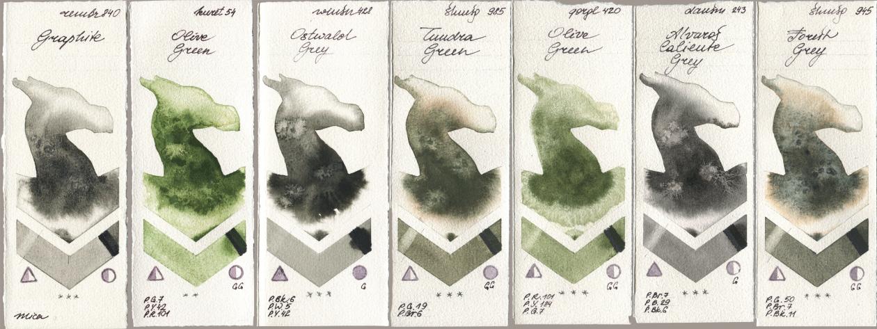Royal Talens Rembrandt Watercolour 840 Graphite, Kuretake Gansai Tambi 054 Olive Green, Winsor & Newton Professional 428 Ostwald Grey, Shminke Horadam Aquarell 985 Tundra Green, Golden QOR 420 Olive Green, Daniel Smith 243 Alvaros Caliente Grey, 945 Forest Gr watercolor swatch