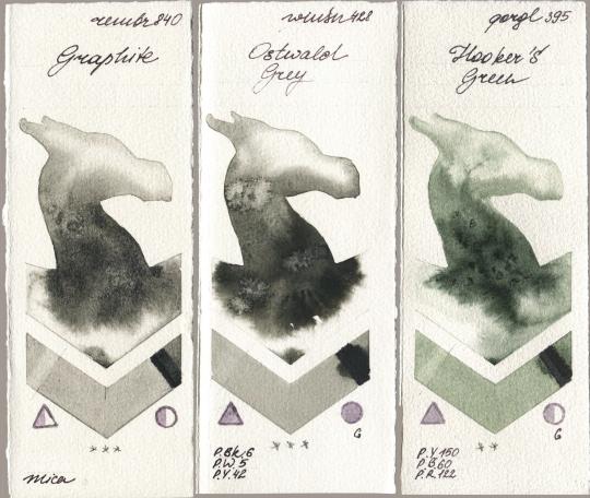 Royal Talens Rembrandt Watercolour 840 Graphite, Winsor & Newton Professional 428 Ostwald Grey, Golden QOR 395 Hookers Gre watercolor swatch