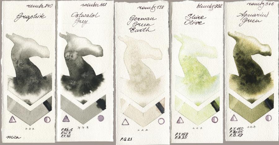 Royal Talens Rembrandt Watercolour 840 Graphite vs Winsor & Newton Professional 428 Ostwald Grey vs Roman Szmal Aquarius 138 German Green Earth vs Shminke Horadam Aquarell 932 Shire Olive vs 346 Aquarius Green watercolor swatch
