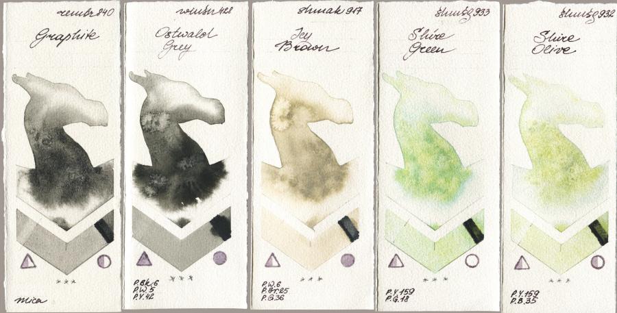 Royal Talens Rembrandt Watercolour 840 Graphite vs Winsor & Newton Professional 428 Ostwald Grey vs Shminke Akademie Aquarell 917 Icy Brown vs Shminke Horadam Aquarell 933 Shire Green vs 932 Shire Olive watercolor swatch