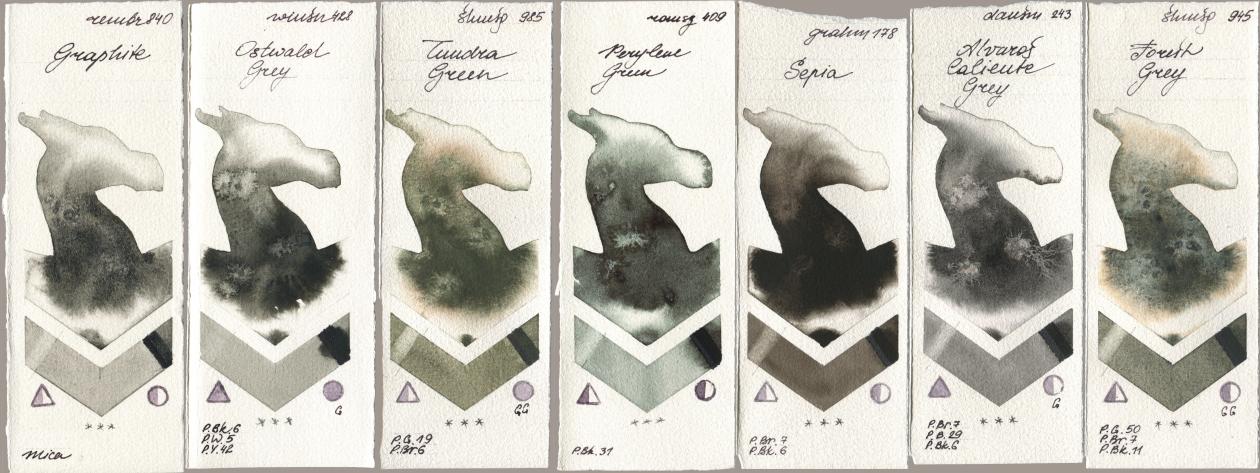 Royal Talens Rembrandt Watercolour 840 Graphite, Winsor & Newton Professional 428 Ostwald Grey, Shminke Horadam Aquarell 985 Tundra Green, Roman Szmal Aquarius 409 Perylene Green, M. Graham & Co. Artists 178 Sepia, Daniel Smith 243 Alvaros Caliente Grey, 945 Forest Gr watercolor swatch