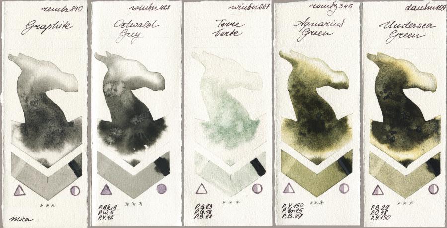 Royal Talens Rembrandt Watercolour 840 Graphite vs Winsor & Newton Professional 428 Ostwald Grey vs 637 Terre Verte vs Roman Szmal Aquarius 346 Aquarius Green vs Daniel Smith 109 Undersea Green watercolor swatch