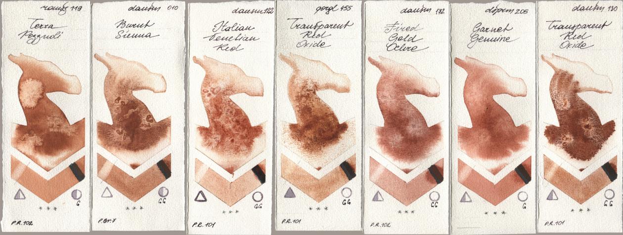 Roman Szmal Aquarius 119 Terra Pozzuoli, Daniel Smith 010 Burnt Sienna, 122 Italian Venetian Red, Golden QOR 455 Transparent Red Oxide, 172 Fired Gold Ochre, 205 Garnet Genuine, 130 Transparent Red Oxi watercolor swatch