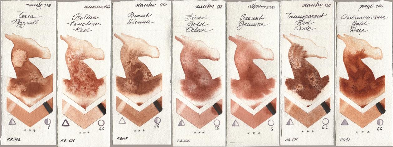Roman Szmal Aquarius 119 Terra Pozzuoli, Daniel Smith 122 Italian Venetian Red, 010 Burnt Sienna, 172 Fired Gold Ochre, 205 Garnet Genuine, 130 Transparent Red Oxide, Golden QOR 160 Quinacridone Gold De watercolor swatch