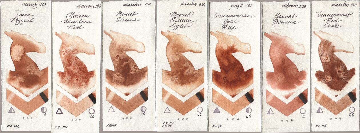 Roman Szmal Aquarius 119 Terra Pozzuoli, Daniel Smith 122 Italian Venetian Red, 010 Burnt Sienna, 230 Burnt Sienna Light, Golden QOR 160 Quinacridone Gold Deep, 205 Garnet Genuine, 130 Transparent Red Oxi watercolor swatch